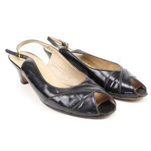Salvatore Ferragamo Black Patent Calf Leather Peep Toe Slingback Low Heels 7.5